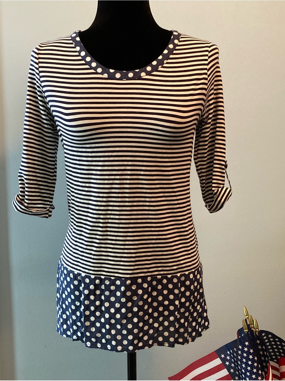 Anthropologie Comme Toi Top Patriotic Navy White July 4th Stripe Polka-dot Small